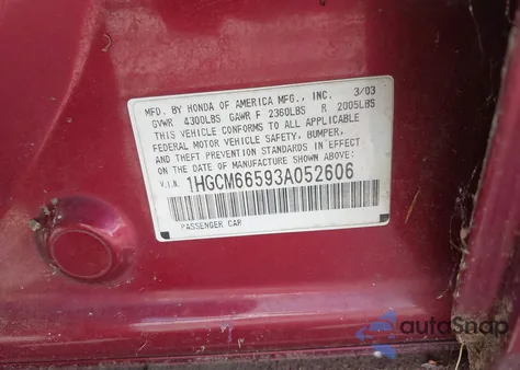 2003 Honda Accord 3.0 Ex from USA, damaged, VIN 1HGCM66593A052606